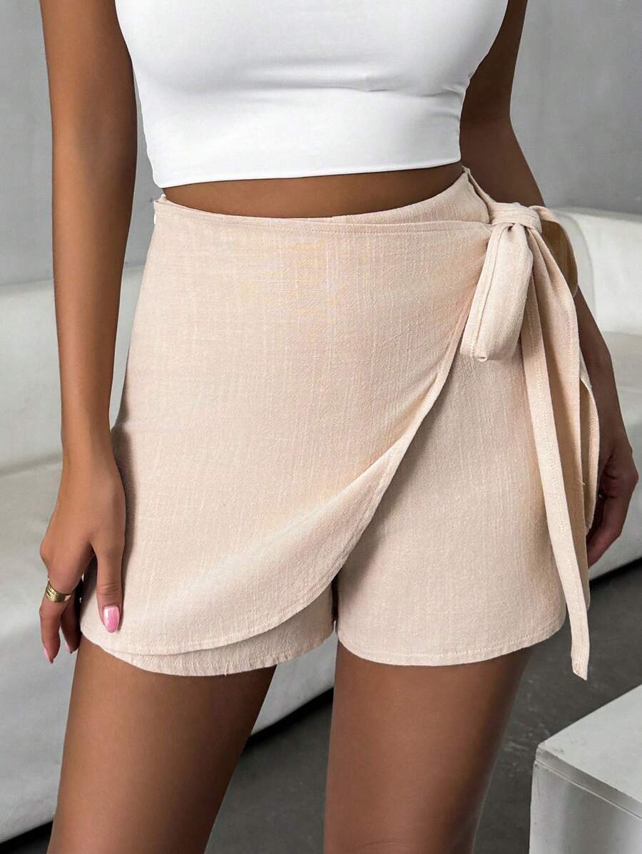 Chiquease Women's Solid Color Casual Linen Wrap Skirt With Waist Knot - Apricot - View 1