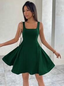 Firerie Nữ Lãng Mạn Xù Viền Cổ Vuông Không Tay Màu Trơn lolita Đầm Cho Mùa Hè - Màu xanh lá cây đậm - Xem 6