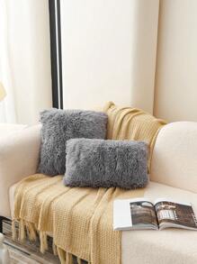 1pc Gray Fuzzy Plush Cushion Cover Without Filler, Modern Flannelette Decorative Throw Pillowcases Zipper Closure For Home, For Sofa, Living Room - Grey - View 2