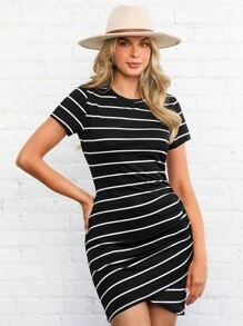 Wildy Ladies Vacation Leisure Wrap Striped Bodycon Dress In Black And White