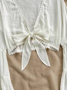 Soleia WYWH Kỳ nghỉ Lễ hội âm nhạc giải trí dành cho nữ Mặt trước Dây đeo ngực Tay áo loe Tay áo lá sen Bảng điều khiển Áo sơ mi vải kết cấu ren - Màu be - Xem 5