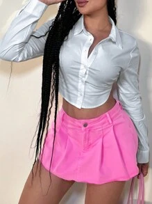 Summer Fashionable Solid Color Denim Effect Pleated Mini Skirt - Pink - View 6