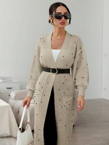 EURMUSE Của phụ nữ Kết cườm Thả vai Tay áo dài Áo len Mở Áo len - Màu nâu  Mocha - Xem 3