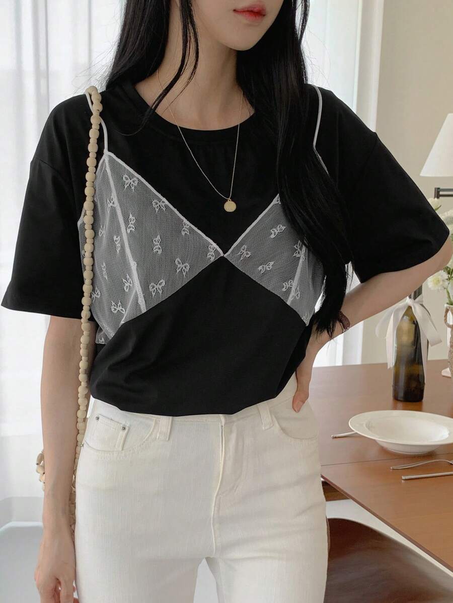 DAZY 網眼對比色圓領寬鬆長/短袖女T恤 - 黑色 - 查看 1