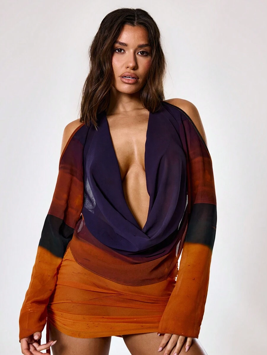 MUSERA Sexy Going Out Tops Women Colorblock Cowl Neck Cold Shoulder Blouse Spring Summer Holiday - Multicolor - View 1