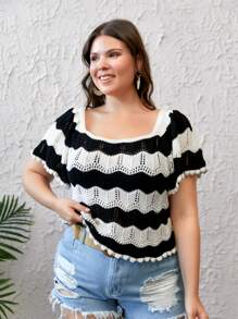 RueChic Women Crochet Knit Top With  Half Sleeve - Black and White - View 4