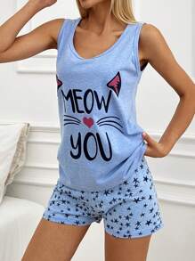 RueChic 2 pièces Ensemble de pyjama à domicile avec haut à bretelles avec imprimé slogan et short imprimé étoile - Bleu azur - Voir 6