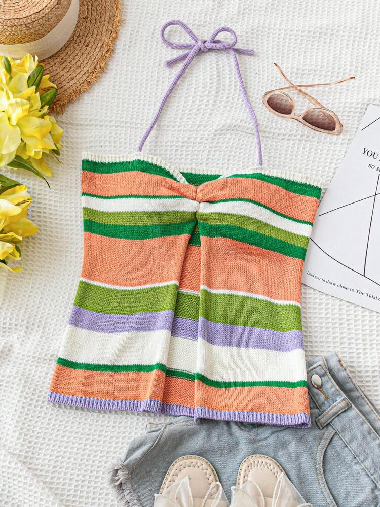 Women's Plus Size Casual Striped Colorblock Knitted Top With Tie Shoulder Straps, Ideal For Vacation