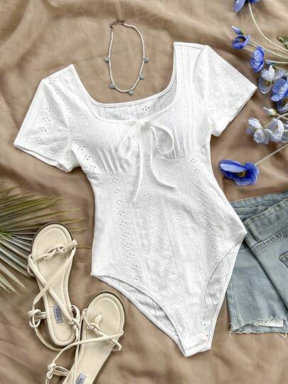 Soleia WYWH Vacation Women's Casual White Chest Cup Tie Texture Fabric Elastic Bodysuit