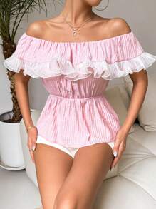 Chiquease Camisa casual de primavera/verano con hombros descubiertos y contraste de malla para mujeres - Rosa - Ver 3