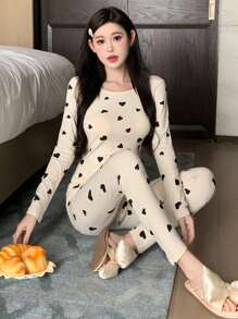 DAZY Women's Heart-Shaped Slim Fit Round Neck Long Sleeve Tee And Pants Comfortable Pajama Set - Beige - View 3
