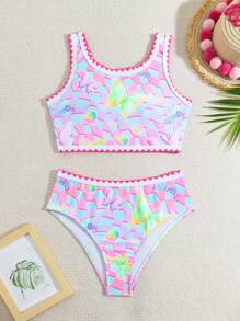 Teen Girl Asymmetrical Checkerboard Print Vest Style Bikini Set(Random Print) Summer Beach - Multicolor - View 1