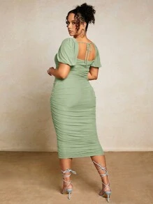 SHEIN BAE 女士加大码优雅纯色方领褶饰紧身连衣裙，夏季，婚礼宾客礼服，女士生日礼服 - 薄荷綠 - 查看 2