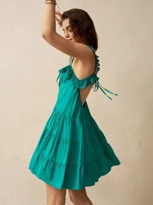 Bohemela Women's Solid Color Sleeveless Ruffle Hem Vacation Dress With Pleated Lace Trim And Wide Straps For Summer - Green - View 4