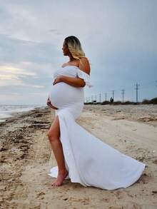 Maternity V-Neck Solid Color Dress, Off-Shoulder Ruffle Sleeve, Suitable For Baby Shower Party Or Maternity Photoshoot - White - View 7