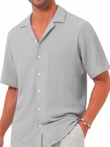 Men's Casual Short Sleeve Shirt, Button-Down Cuban Collar Vacation Shirt, Fashion Textured Summer Beach Shirt - Light Grey - View 4