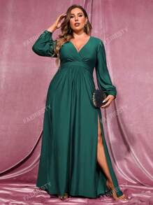 Faeriesty Plus Split Thigh Overlap Collar Bishop Sleeve Slit Thigh Dress