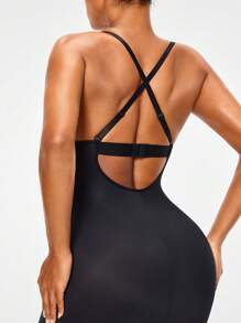 SHAPORA 女士純色無背修身吊帶連身裙 - 黑色 - 查看 11