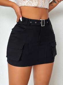 VaVaBold Ladies' Solid Color Belted Skirt With Pocket Design, Summer - Black - View 3