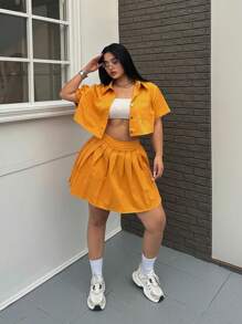 POPSWAY Women's Plus Size Fashion Solid Color Short Sleeve Top And Skirt Set - Yellow - View 7