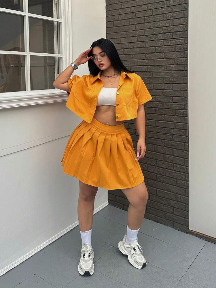 Women's Plus Size Fashion Solid Color Short Sleeve Top And Skirt Set