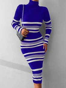 EURMUSE Striped Pattern Turtleneck Bodycon Sweater Dress - Blue and White - View 3
