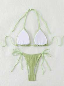 SHEIN Swim Bộ bikini gợi cảm dây buộc cổ màu trơn cho nữ đi nghỉ hè - Màu xanh chanh - Xem 5