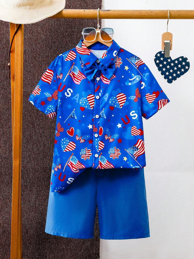 2pcs/Set Tween Boy Casual Independence Day Printed Shirt And Shorts Set, With Collar Clip