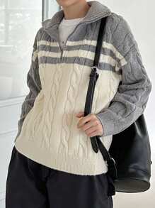 DAZY Women's Striped Color-Block Half Zipper Cardigan Sweater,Fall Women Clothes - Grey - View 6