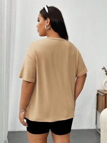 Flirla Conjunto de 2 piezas con estampado simple para uso diario, talla grande, para verano - Caqui - Ver 2