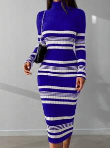 EURMUSE Striped Pattern Turtleneck Bodycon Sweater Dress - Blue and White - View 6