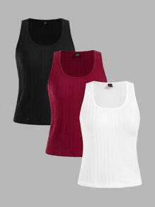 SHEIN Frenchy Cable Knit Tank Top Set,Multipack Solid Color Summer Basics Outwear,Loose Casual Everyday Tank Top, Color Set,Black And White,Summer,Casual - Multicolor - View 1