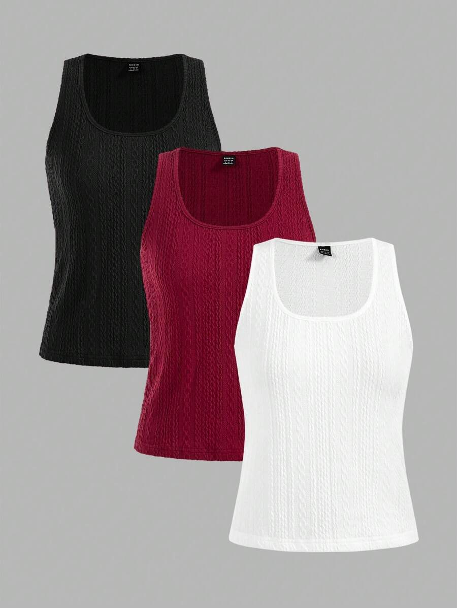 SHEIN Frenchy Cable Knit Tank Top Set,Multipack Solid Color Summer Basics Outwear,Loose Casual Everyday Tank Top, Color Set,Black And White,Summer,Casual - Multicolor - View 1