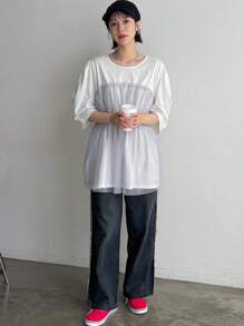 FRIFUL Women's Fashionable Summer Loose Mesh Splicing T-Shirt,Ruffle School - Grey - View 2