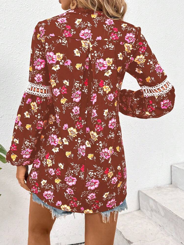 Women's Vacation Style Flower Print Long Sleeve V-Neck Shirt