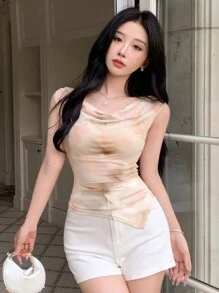 DAZY 女士夏季性感休闲网纱扎染设计圆领无袖背心上衣 - 彩色 - 查看 3