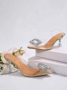Sandalias transparentes para mujer con tacones finos, nuevo estilo de verano, tacones altos con cristales de piedras preciosas tipo celebridad de Internet con elegancia divina - Dorado - Ver 4