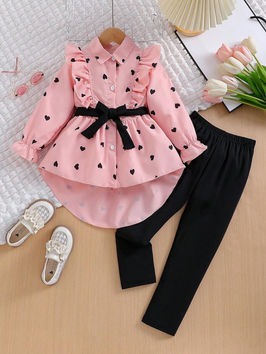 SHEIN Vintaside Kids Conjunto de top e leggings com cinto elegante para a primavera e outono de jovem garota, 2 peças