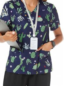 TaskEZ SHEIN Essnce Scrub V-Neck Short Sleeve Plant Print Pocket Nurse Uniform 2 Pieces/Set - Multicolor - View 4