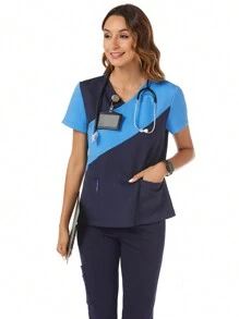 TaskEZ 女士護士制服霧面夏季V領對比短袖護士服刷布上衣，2個口袋 - 彩色 - 查看 7