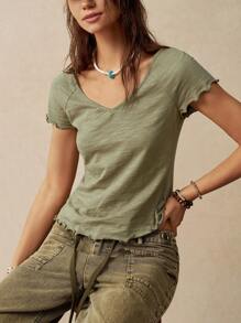 Bohemela Women's Summer Vacation Solid Color Slouchy Short Sleeve V-Neck T-Shirt