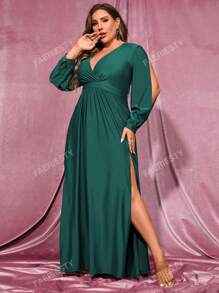 Faeriesty Plus Split Thigh Overlap Collar Bishop Sleeve Slit Thigh Dress