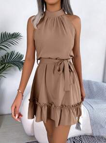 New Spring/Summer Solid Color Sleeveless Cinched Waist Frill Trim Casual Dress - Khaki - View 4