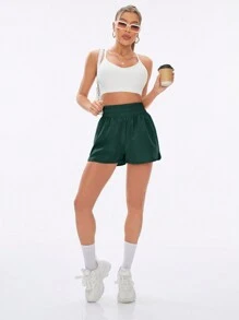 SHEIN Sports Women's High-Waist Elastic Waist Sports Shorts, Summer Jogger Shorts Comfy Short Sweater Shorts - Dark Green - View 3