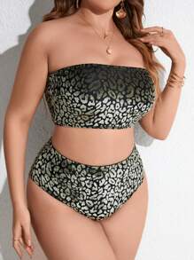 SHEIN Swim Curve 大尺碼女款印花簡約日常無肩帶比基尼套裝 - 彩色 - 查看 3