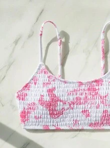 Swim Mod Summer Beach Random Printed Shirred Spaghetti Strap Bikini Top - Pink - View 4