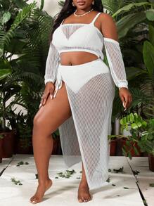 Plus Size Hollow Knit Beach Cover Up Summer