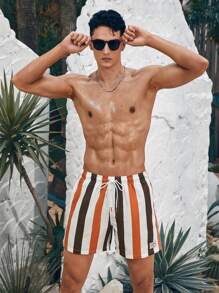 Manfinity VDAYZ 1pc Men's Vacation Striped & Printed Drawstring Wide-Leg Beach Shorts Couples Matching Swimwear Vacation,Hawaiian - Multicolor - View 6