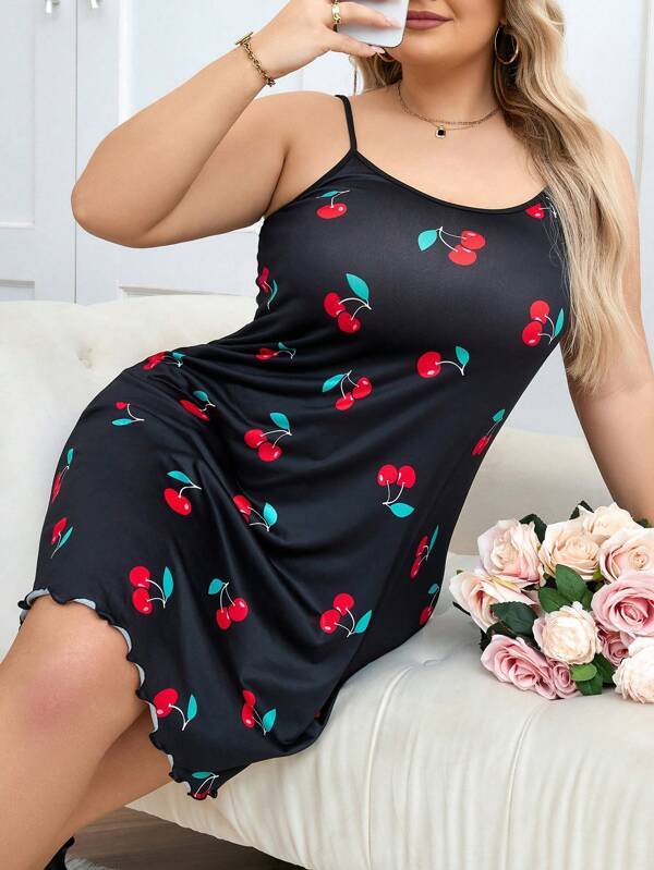 Plus Size Cherry Printed Cami Sleep Dress Rochie Pijama, Vara