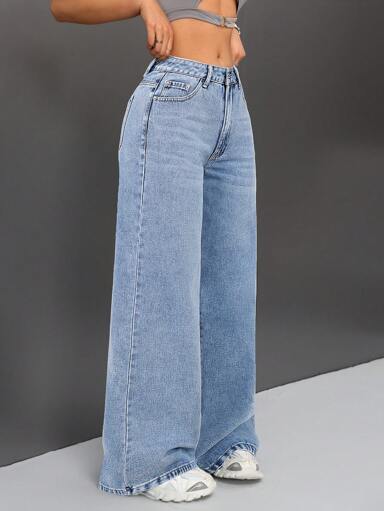 SHEIN ICON 實色復古寬腳牛仔褲，附口袋